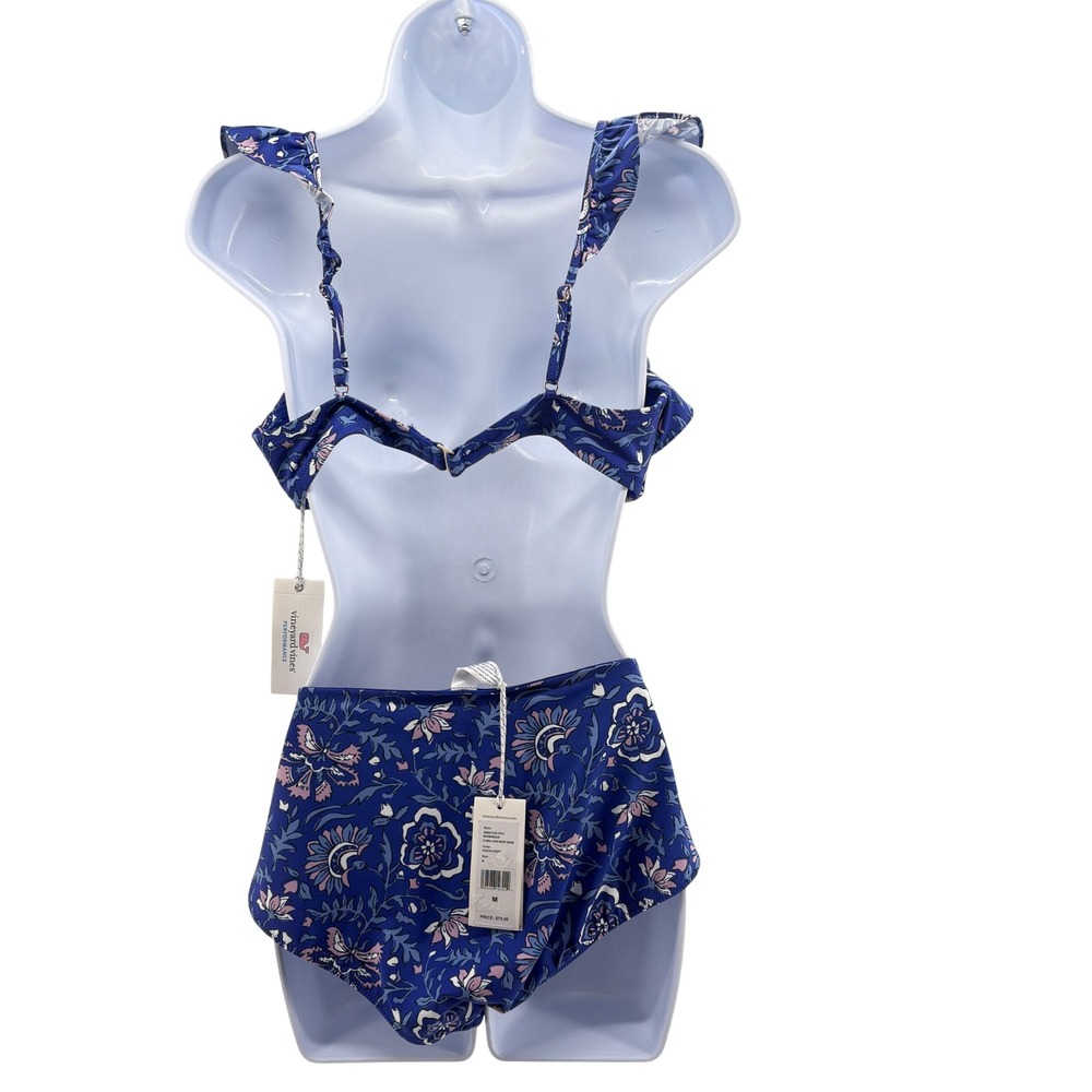 Vineyard Vines Women Blue Floral Ruffle Bikini Set High Waist Ocean Reef M NWT - Picture 2 of 6